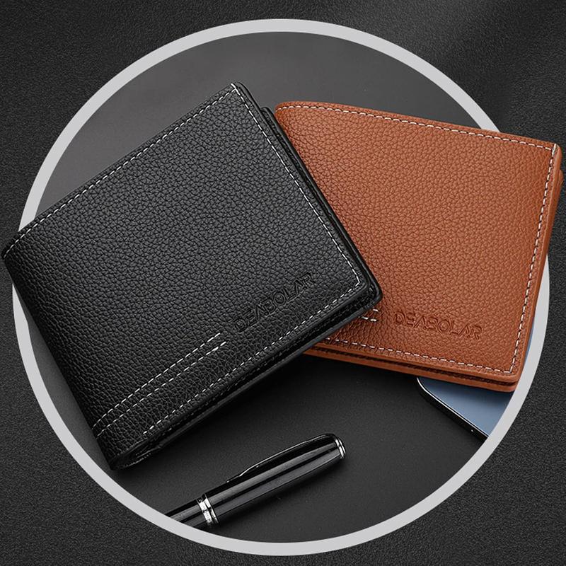 Men Wallet Black PU Material 4 Credit Card Holder 2 Money Pockets 1 Clear Window Suitable for Men Women Gifts without RFID Slim Small Wallets for Traveling