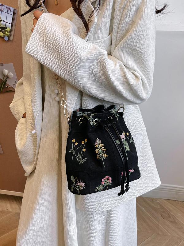 Women's Floral Pattern Embroidering Design Drawstring Crossbody Bag, Fashionable Casual Versatile Bucket Bag, All-match Commuter Bag for Daily Used