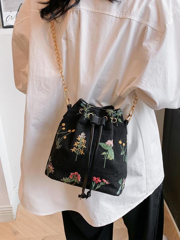 Women's Floral Pattern Embroidering Design Drawstring Crossbody Bag, Fashionable Casual Versatile Bucket Bag, All-match Commuter Bag for Daily Used