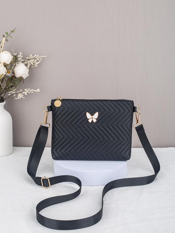 Women's Elegant Chevron Quilted Design Crossbody Bag, Fashionable Butterfly Decorated Zipper Shoulder Bag for Daily Used, Casual Trendy Versatile High-quality Daily Commuting Bag