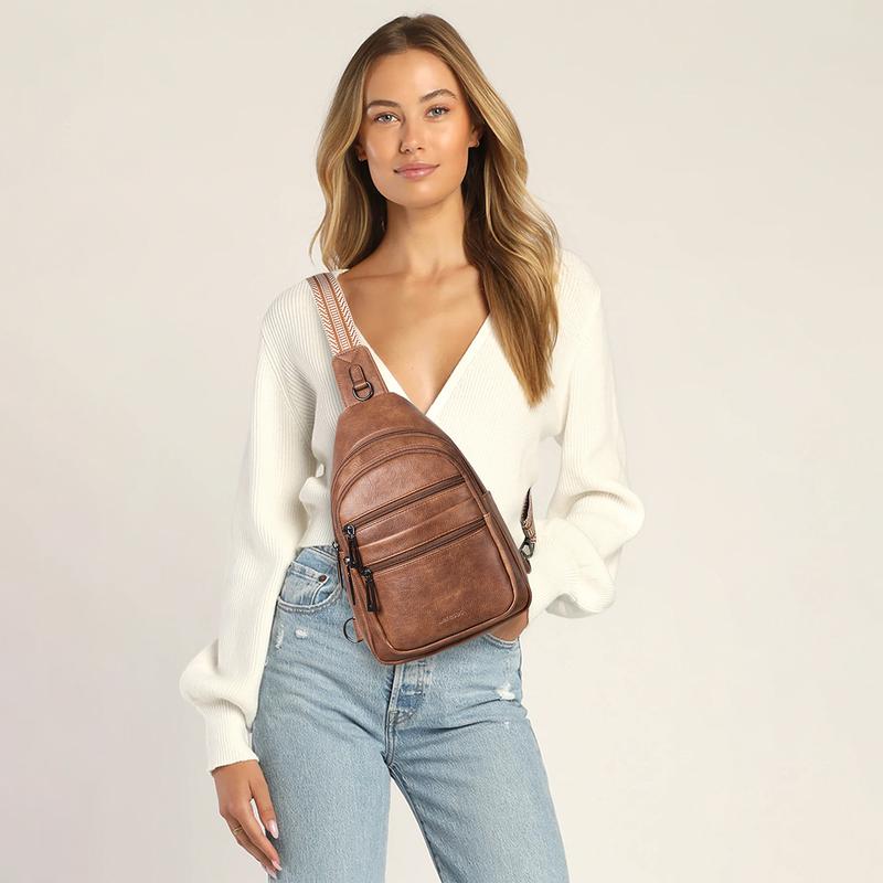 Sling Bag for Women Men Crossbody Bags Fanny Packs Over Shoulder Bag Sling Purse Backpack Vegan Leather Travel Brown Women's Leather Women's Crossbody Women's Leather