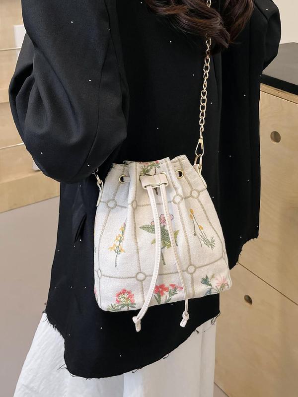 Women's Floral Pattern Embroidering Design Drawstring Crossbody Bag, Fashionable Casual Versatile Bucket Bag, All-match Commuter Bag for Daily Used