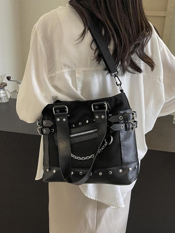 Women's Punk Style Rivet & Chain Decor Tote Bag, Fashion Chain Strap Zipper Shoulder Bag for Work, Casual Trendy Versatile Commuting Bag, Girl Fashionable Bag