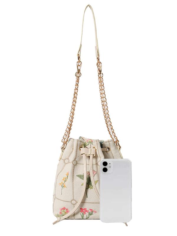 Women's Floral Pattern Embroidering Design Drawstring Crossbody Bag, Fashionable Casual Versatile Bucket Bag, All-match Commuter Bag for Daily Used