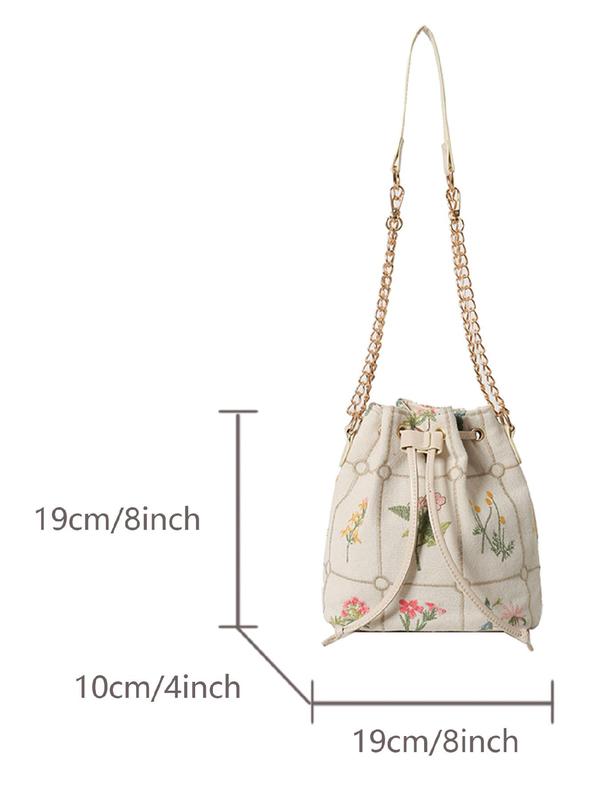 Women's Floral Pattern Embroidering Design Drawstring Crossbody Bag, Fashionable Casual Versatile Bucket Bag, All-match Commuter Bag for Daily Used