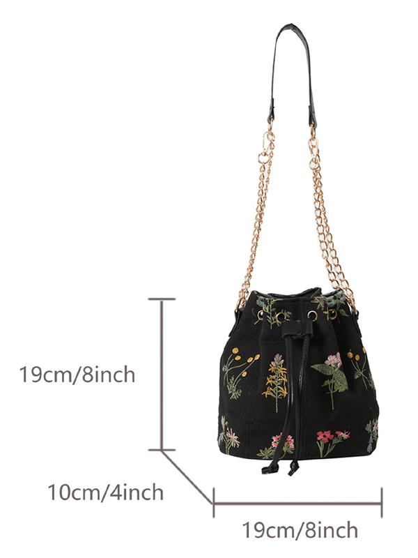 Women's Floral Pattern Embroidering Design Drawstring Crossbody Bag, Fashionable Casual Versatile Bucket Bag, All-match Commuter Bag for Daily Used