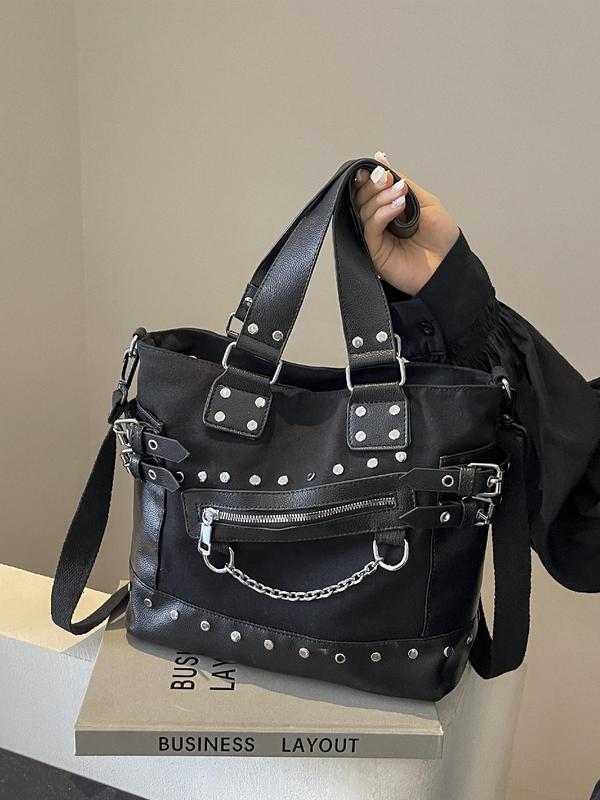 Women's Punk Style Rivet & Chain Decor Tote Bag, Fashion Chain Strap Zipper Shoulder Bag for Work, Casual Trendy Versatile Commuting Bag, Girl Fashionable Bag