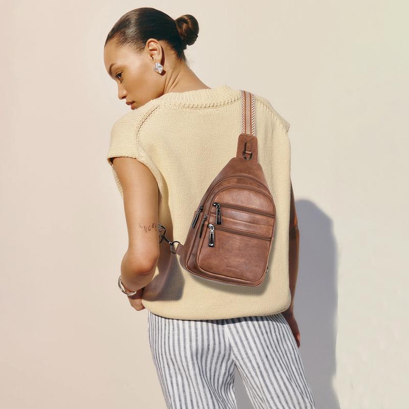 Sling Bag for Women Men Crossbody Bags Fanny Packs Over Shoulder Bag Sling Purse Backpack Vegan Leather Travel Brown Women's Leather Women's Crossbody Women's Leather