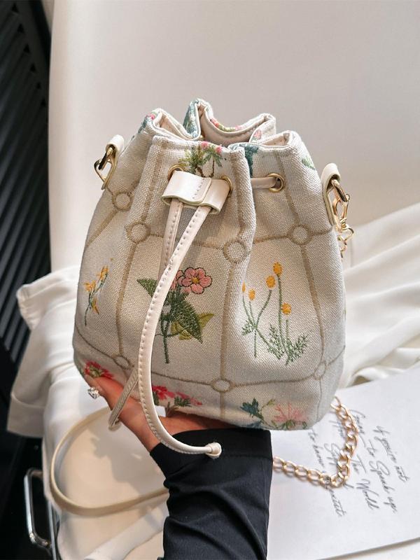 Women's Floral Pattern Embroidering Design Drawstring Crossbody Bag, Fashionable Casual Versatile Bucket Bag, All-match Commuter Bag for Daily Used