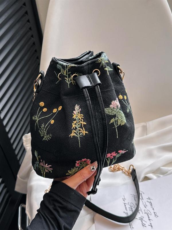 Women's Floral Pattern Embroidering Design Drawstring Crossbody Bag, Fashionable Casual Versatile Bucket Bag, All-match Commuter Bag for Daily Used