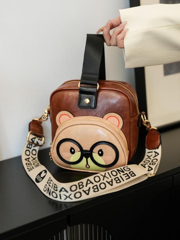 Women's Cute Cartoon Bear Design Shoulder Bag, Fashionable Letter Pattern Strap Large Capacity Commuter Shoulder Bag, Stylish Crossbody Bag for Daily Life