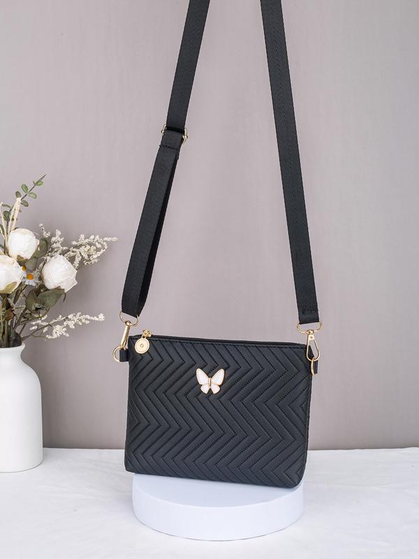 Women's Elegant Chevron Quilted Design Crossbody Bag, Fashionable Butterfly Decorated Zipper Shoulder Bag for Daily Used, Casual Trendy Versatile High-quality Daily Commuting Bag