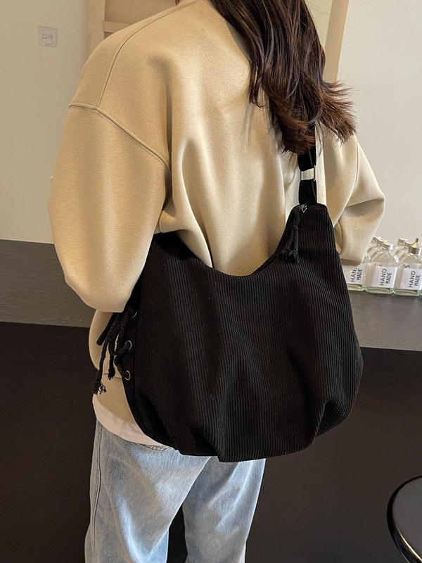 Women's Solid Color Corduroy Hobo Bag, Fashionable Large Capacity Shoulder Bag for Daily Used, Casual Trendy Versatile High-quality Daily Commuting Bag