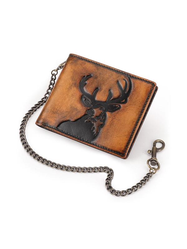 Men's Deer Design Wallet, Casual Animal Design Leather Bifold Wallet with Chain, Fashionable Wallet for Daily Use