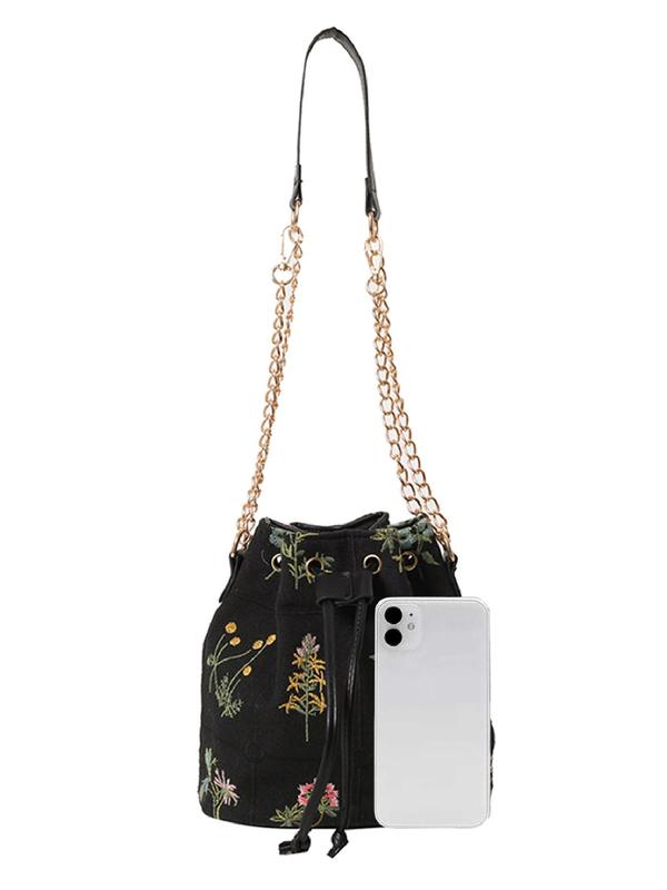 Women's Floral Pattern Embroidering Design Drawstring Crossbody Bag, Fashionable Casual Versatile Bucket Bag, All-match Commuter Bag for Daily Used