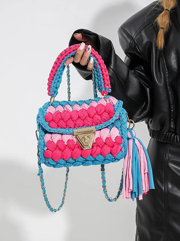 Women's Colorblock Braid Crochet Design Handbag, Fashionable Tassel Decorated Crossbody Bag for Daily Used, Casual Trendy Versatile High-quality Daily Commuting Bag