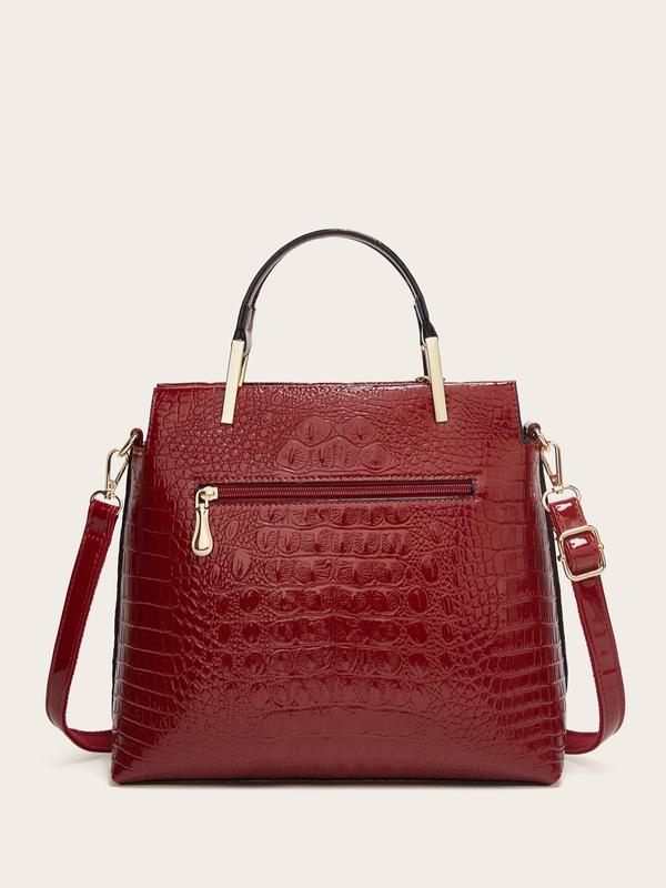 Women's Elegant Solid Color Crocodile Embossed Tote Bag, 2024 New Trendy Casual Handbag & Crossbody Bag, Fashionable Large Capacity Shoulder Bag for Daily Use