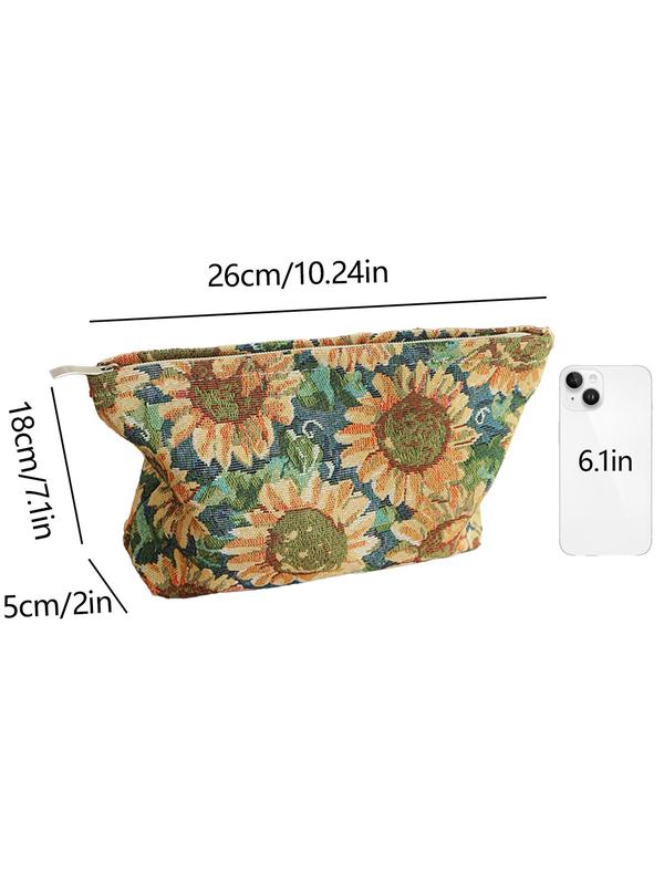 2024 New Style Sunflower Pattern Makeup Bag, Large Capacity Cosmetic Storage Bag, Portable Travel Toiletry Bag, Zipper Makeup Organizer Pouch