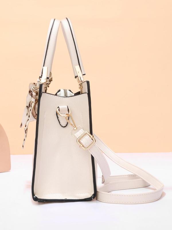 Women's Elegant Letter Design Tote Bag with Bag Charm & Adjustable Strap, Elegant Fashion Plain Handbag with Adjustable Strap, Letter Label Design Large Capacity Handbag