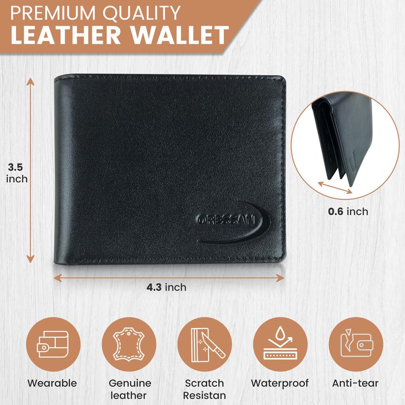 ORESSAN Men's Full Grain Leather RFID Blocking Bifold Wallet - Compact & Durable with 8 Card Slots & 2 ID Windows