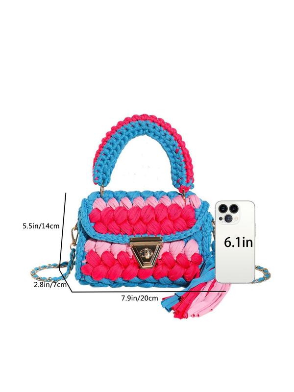 Women's Colorblock Braid Crochet Design Handbag, Fashionable Tassel Decorated Crossbody Bag for Daily Used, Casual Trendy Versatile High-quality Daily Commuting Bag