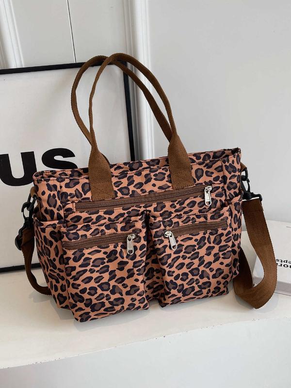 Women's Fashion Leopard Pattern Tote Bag, Mulit-pockets Large Capacity Zipper Shoulder Bag for Women, Trendy All-match Commuter Bag for Daily Used