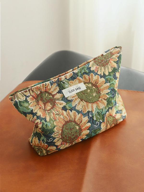 2024 New Style Sunflower Pattern Makeup Bag, Large Capacity Cosmetic Storage Bag, Portable Travel Toiletry Bag, Zipper Makeup Organizer Pouch