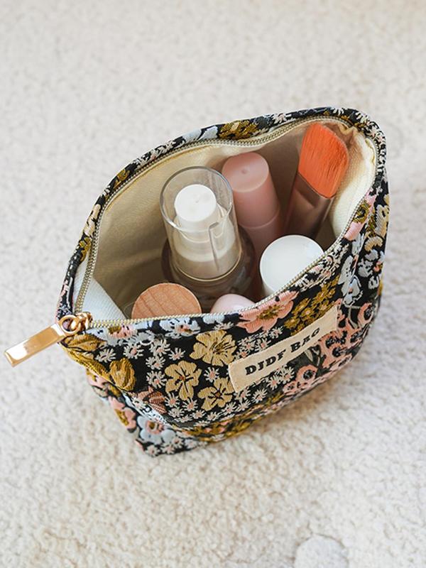 Floral Embroidered Makeup Bag, 2024 New Style Casual Patched Design Makeup Bag, Versatile Storage Bag for Women & Girls, Travel Essentials, Travel Accessories