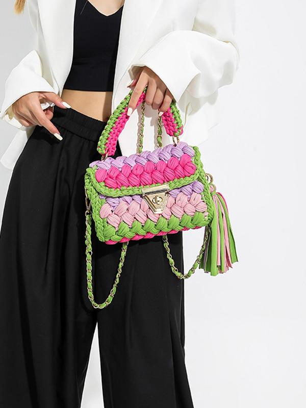 Women's Colorblock Braid Crochet Design Handbag, Fashionable Tassel Decorated Crossbody Bag for Daily Used, Casual Trendy Versatile High-quality Daily Commuting Bag