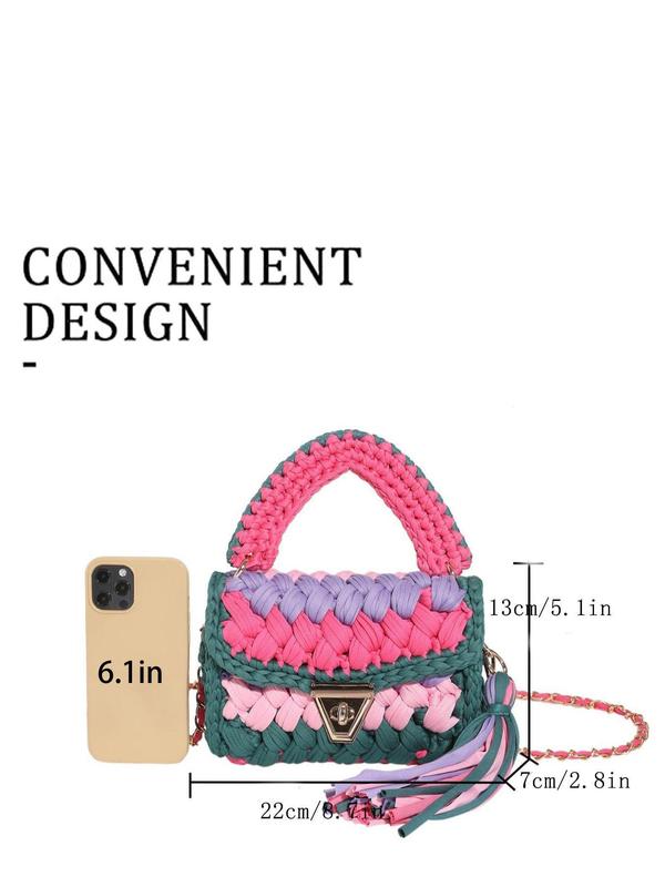 Women's Colorblock Braid Crochet Design Handbag, Fashionable Tassel Decorated Crossbody Bag for Daily Used, Casual Trendy Versatile High-quality Daily Commuting Bag