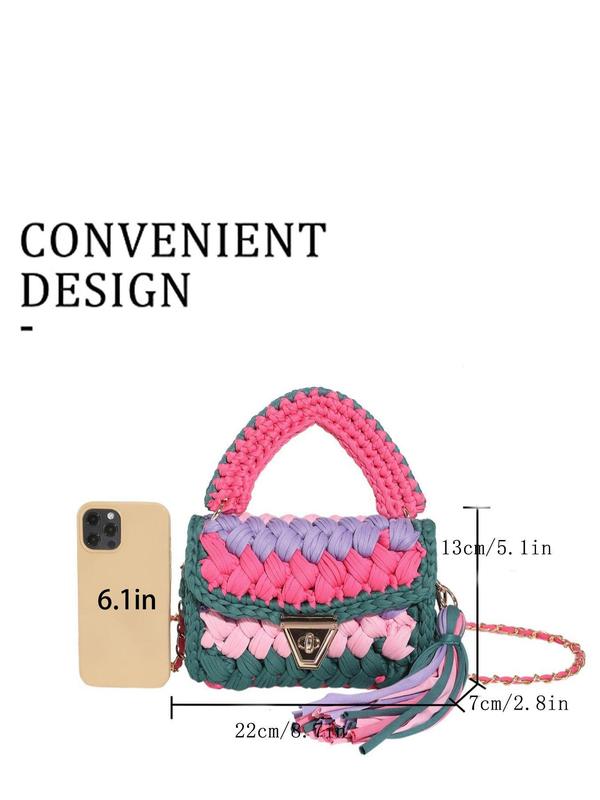 Women's Colorblock Braid Crochet Design Handbag, Fashionable Tassel Decorated Crossbody Bag for Daily Used, Casual Trendy Versatile High-quality Daily Commuting Bag