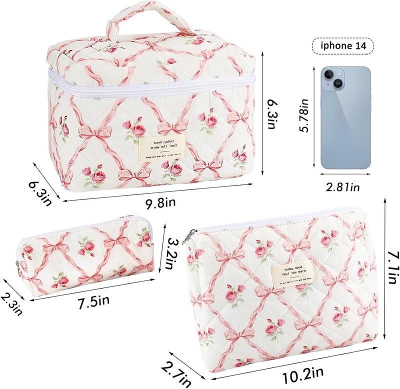 3Pcs Cotton Quilted etoile Makeup Bag,Large Travel Portable Cosmetic Bags Set Cute Makeup Pouch,Aesthetic Cloth Flower Storage Toiletry Bag Organizer saie vanity case