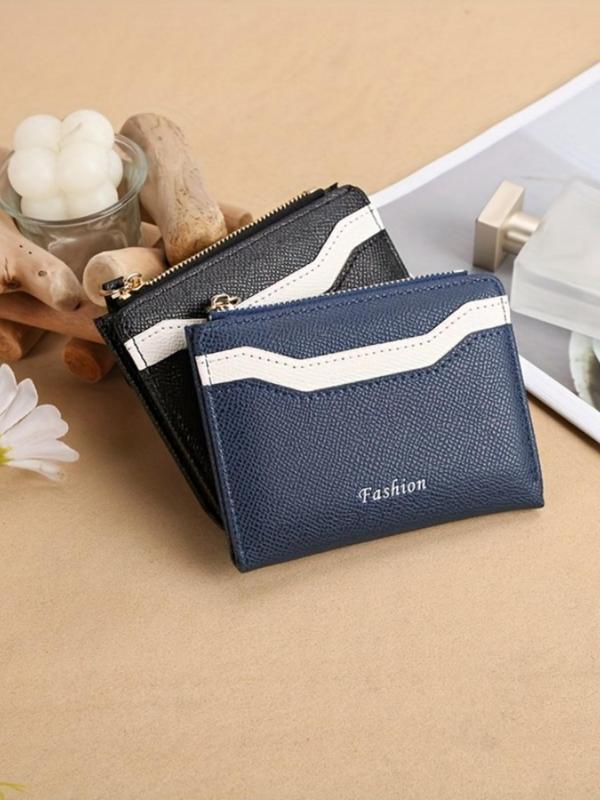 Women's Elegant Letters Pattern Bifold Short Wallet, Fashionable PU Splicing Zipper Wallet, Compact Change Clip for Daily Used