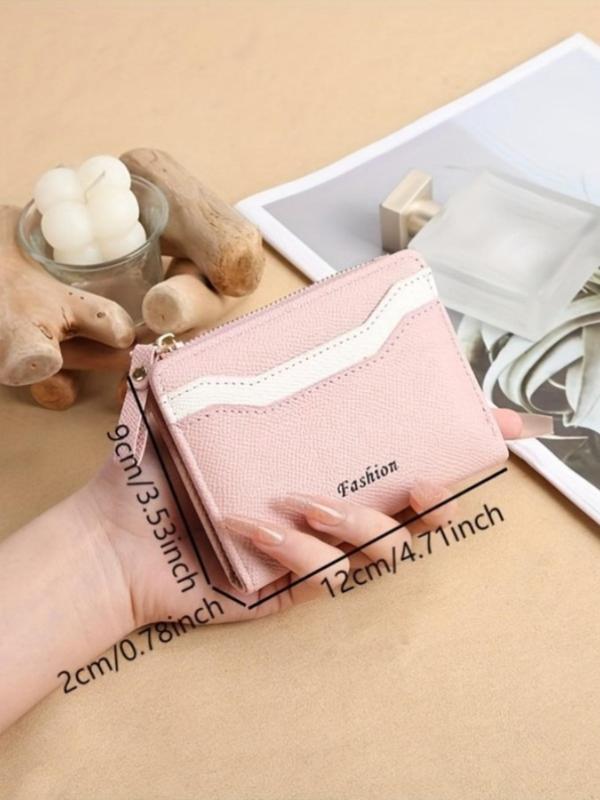 Women's Elegant Letters Pattern Bifold Short Wallet, Fashionable PU Splicing Zipper Wallet, Compact Change Clip for Daily Used