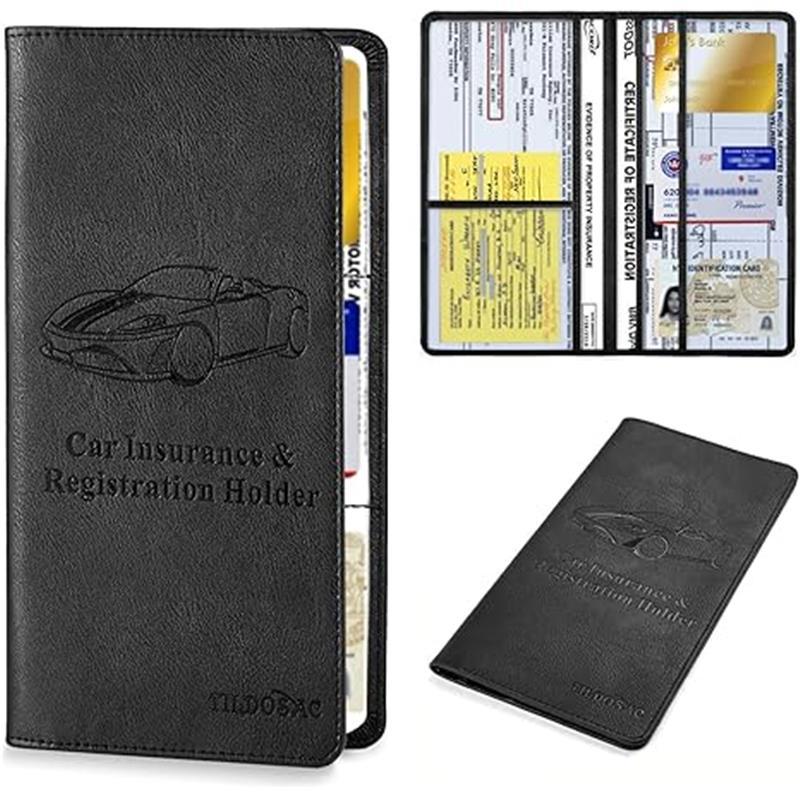 Car Registration & Insurance Card Holder：Auto Glove Box Organizer Document Wallet Leather Truck Accessories for Women Men (A Black, large)