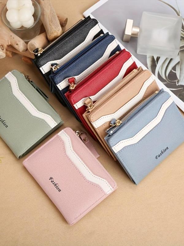 Women's Elegant Letters Pattern Bifold Short Wallet, Fashionable PU Splicing Zipper Wallet, Compact Change Clip for Daily Used