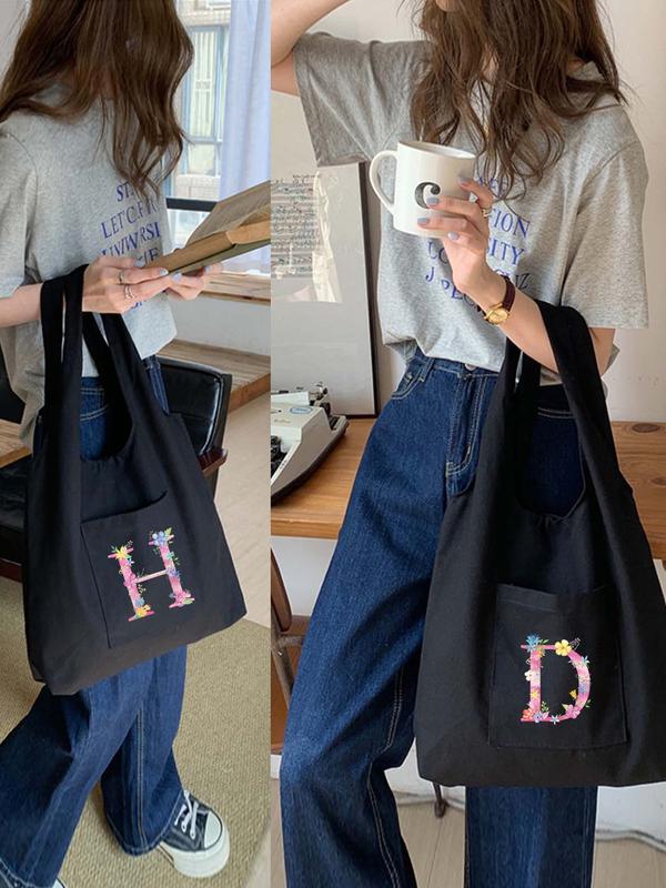 Random Letter Pattern Tote Bag, Fashionable Letter Pattern Canvas Tote Bag for Women & Girls, Casual Trendy Versatile Daily Commuting Bag