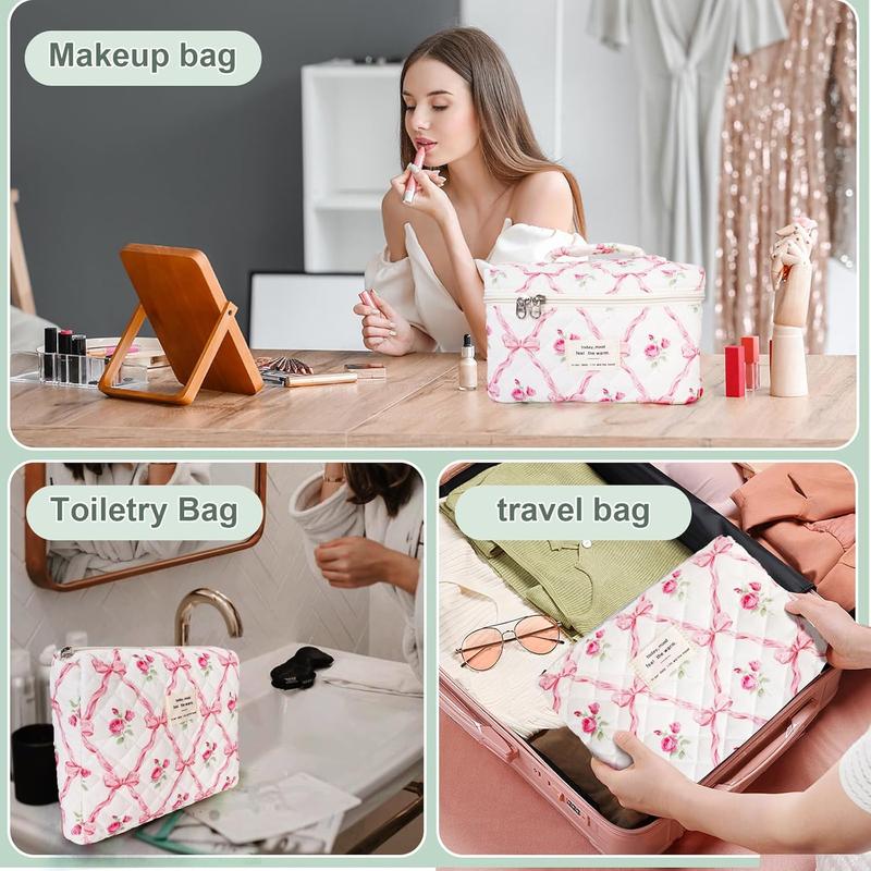 3Pcs Cotton Quilted etoile Makeup Bag,Large Travel Portable Cosmetic Bags Set Cute Makeup Pouch,Aesthetic Cloth Flower Storage Toiletry Bag Organizer saie vanity case