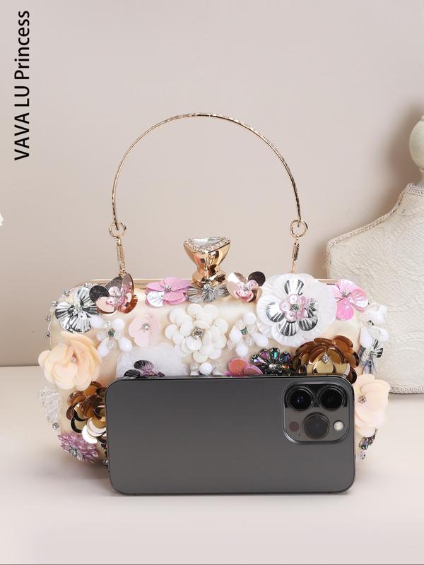 Women's Elegant Rhinestone Decorated Evening Bag for Summer, Exquisite Trendy Flower Design Box Bag with Top Handle, Fashionable Bag for Wedding Party Decoration