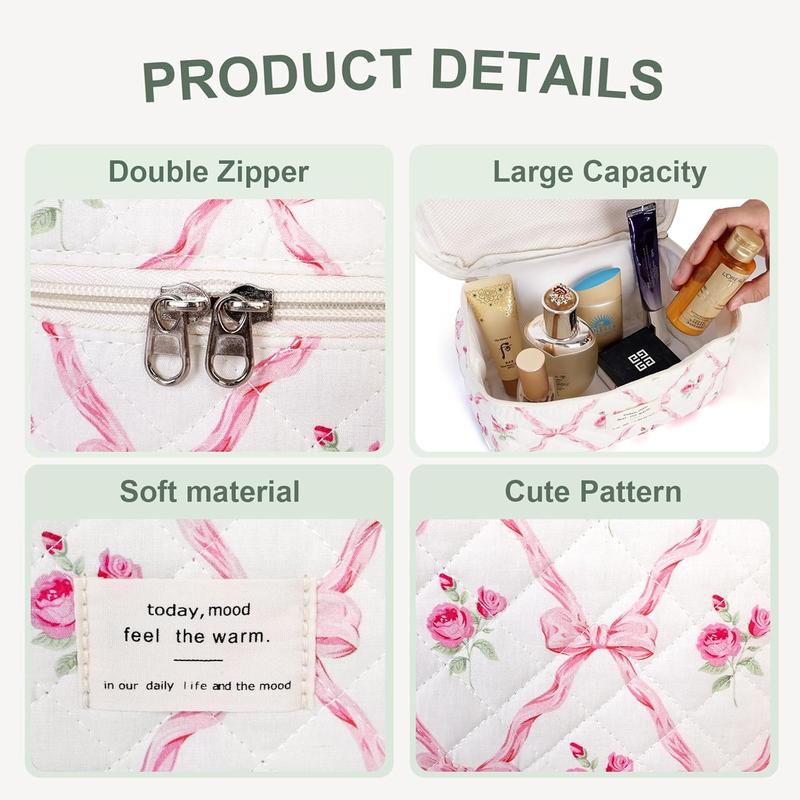 3Pcs Cotton Quilted etoile Makeup Bag,Large Travel Portable Cosmetic Bags Set Cute Makeup Pouch,Aesthetic Cloth Flower Storage Toiletry Bag Organizer saie vanity case