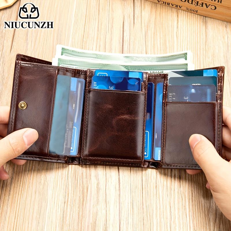 Genuine Leather Men's Three-Fold Wallet, with Coin Pocket and Anti-Theft Swiping Shield, Men's Valentine's Day Gift