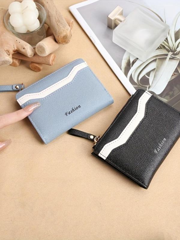 Women's Elegant Letters Pattern Bifold Short Wallet, Fashionable PU Splicing Zipper Wallet, Compact Change Clip for Daily Used