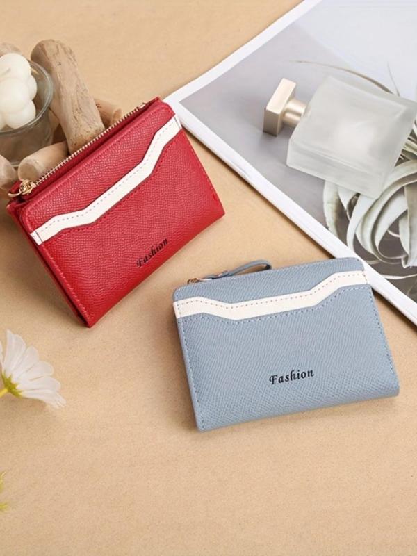 Women's Elegant Letters Pattern Bifold Short Wallet, Fashionable PU Splicing Zipper Wallet, Compact Change Clip for Daily Used