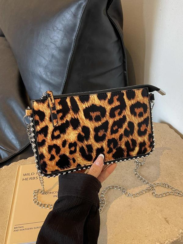 Fashion Leopard Pattern Chain Strap Zipper Crossbody Bag, Women's Trendy Versatile Small Square Bag, Trendy All-match Shoulder Bag