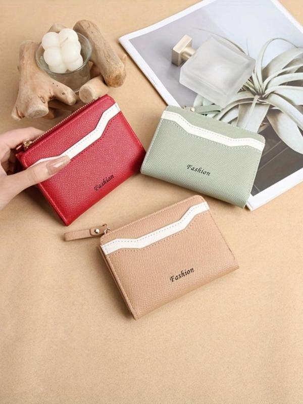 Women's Elegant Letters Pattern Bifold Short Wallet, Fashionable PU Splicing Zipper Wallet, Compact Change Clip for Daily Used