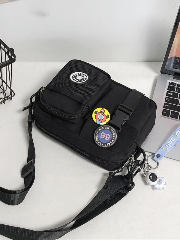 Women's Street Style Crossbody Bag, with Cartoon Astronaut Keychain, Letters & Rocket Badge Decor, Casual Trendy Zipper Square Bag, Fashionable Versatile Crossbody Bag for Women, Back to School Bag