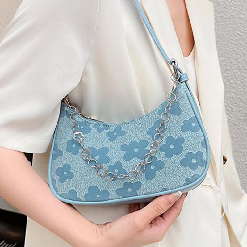 Aesthetic Floral Print Shoulder Bag for Women Fashion Single Handle HandBag Chain Strap Satchel Bag