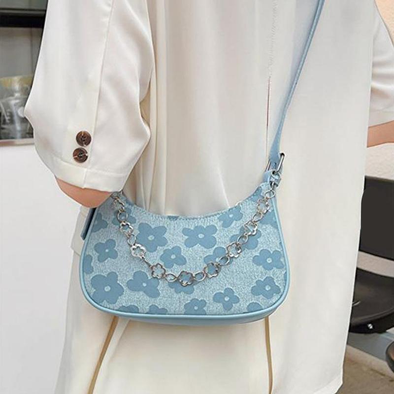 Aesthetic Floral Print Shoulder Bag for Women Fashion Single Handle HandBag Chain Strap Satchel Bag