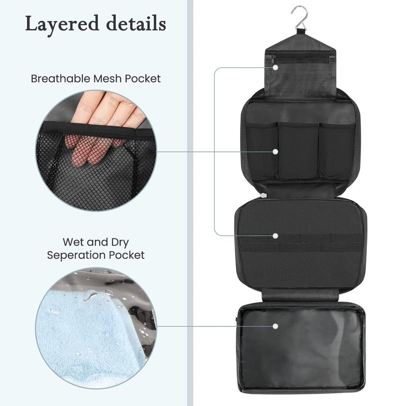 Toiletry Bag for Men & Women | Large for Traveling | Hanging Compact Hygiene Bag with 4 Compartments | Waterproof Bathroom Shower Bag (Black)