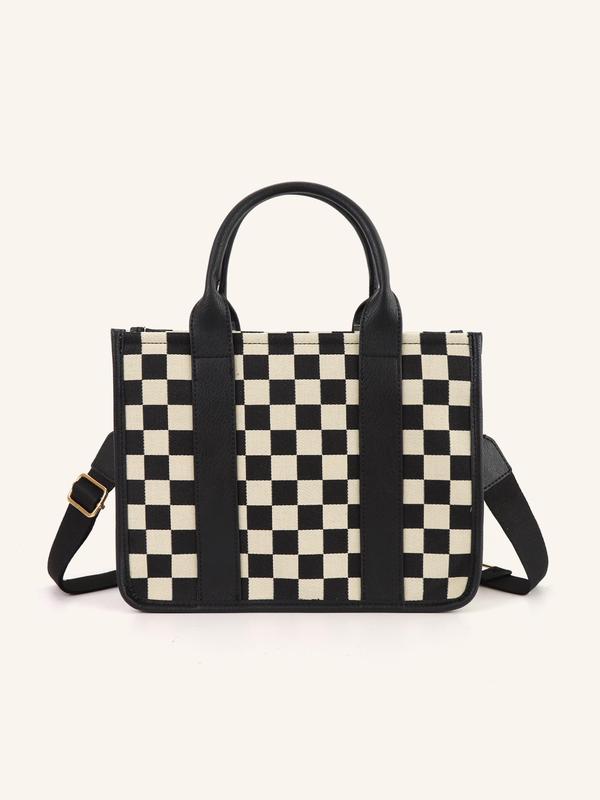 Checkerboard Pattern Top Handle Bag, Fashionable Canvas Shoulder Bag for Women, Casual Trendy Versatile High-quality Daily Commuting Bag, Girl Fashionable Shopping Bag